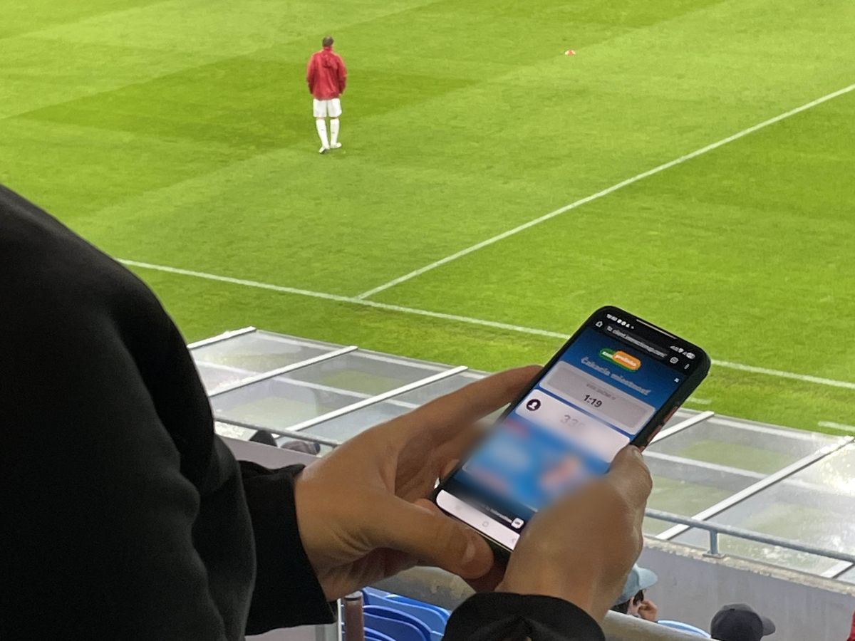Fan holding a phone in the stands during a football match