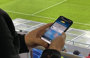 fan answering a survey on the phone in the stands